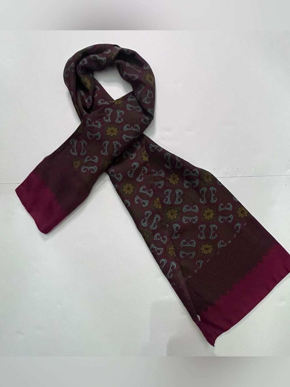 Vintage All Silk Scarf Made in England Burgundy Paisley Floral Print 55”